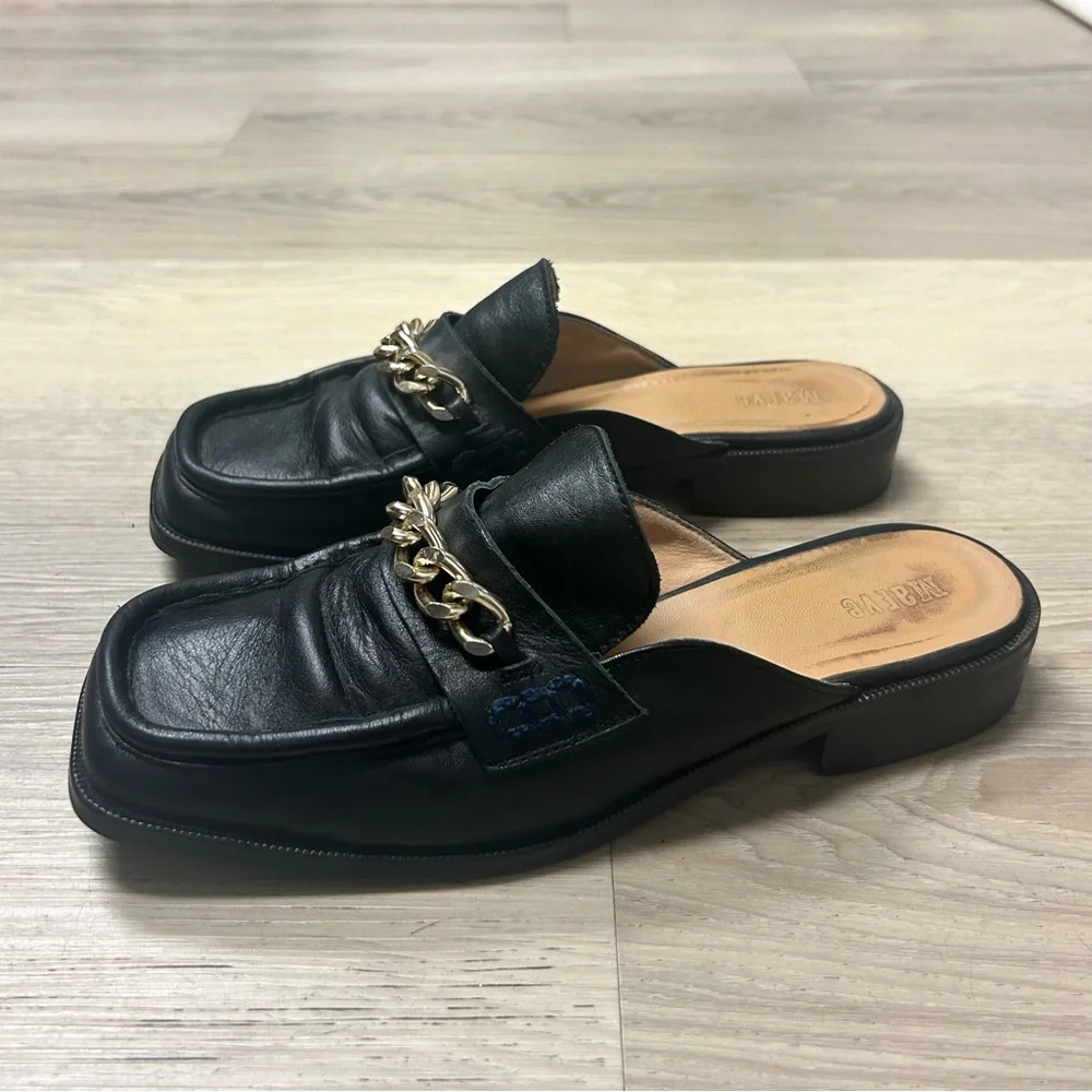 Anthropologie Maeve Shoes Loafers Black Leather Flats Gold Chain Women 37 US 6.5